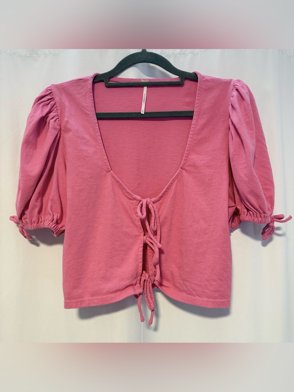 Free People Womens Medium Kitty Tee Tie Front Crop Top  Shirt Puff Short Sleeves